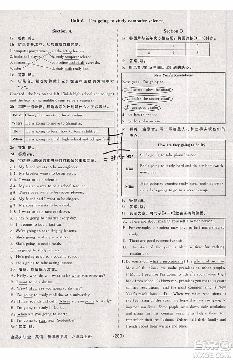 2019秋全品大講堂初中英語(yǔ)八年級(jí)上冊(cè)新課標(biāo)人教版RJ參考答案