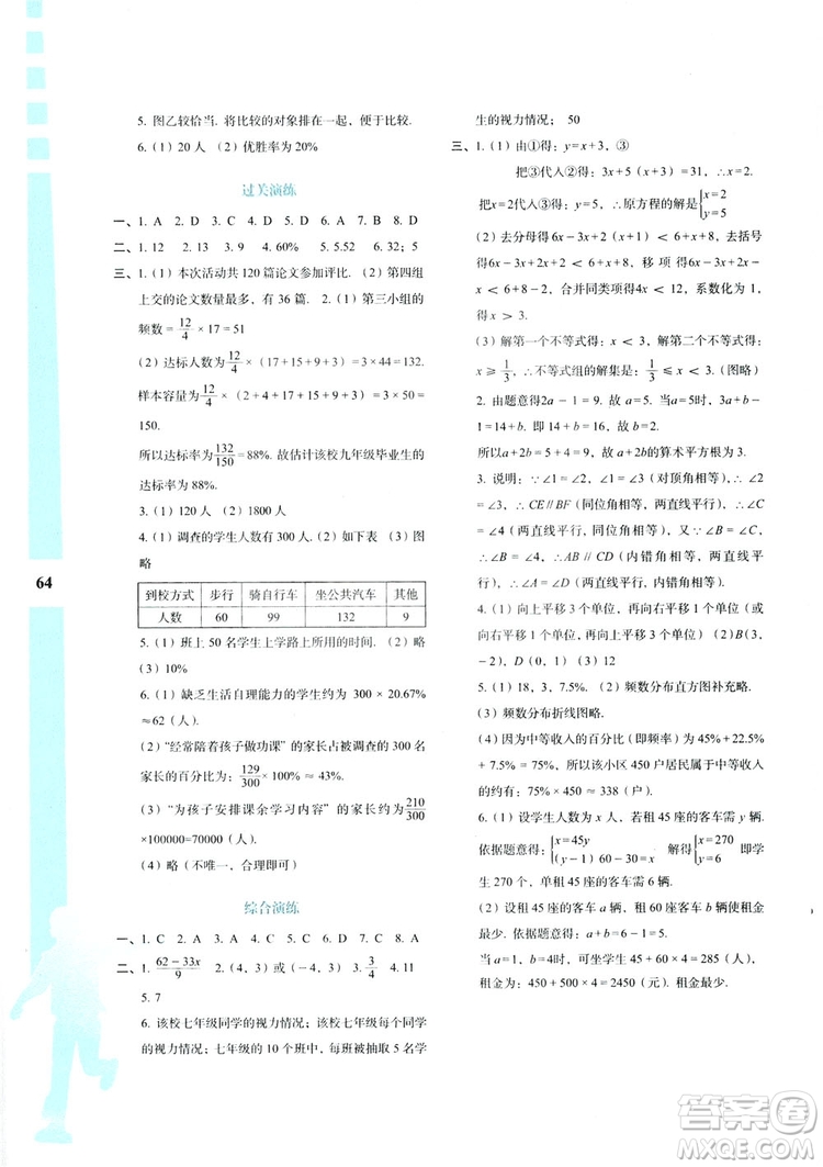 陜教出品2019暑假作業(yè)與生活七年級數(shù)學A版答案