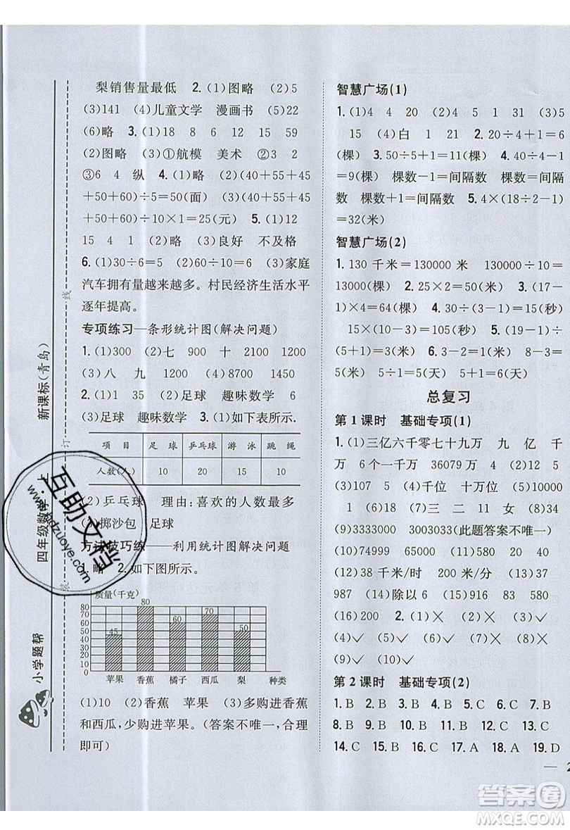 吉林人民出版社2019小學題幫數(shù)學四年級上冊青島版參考答案