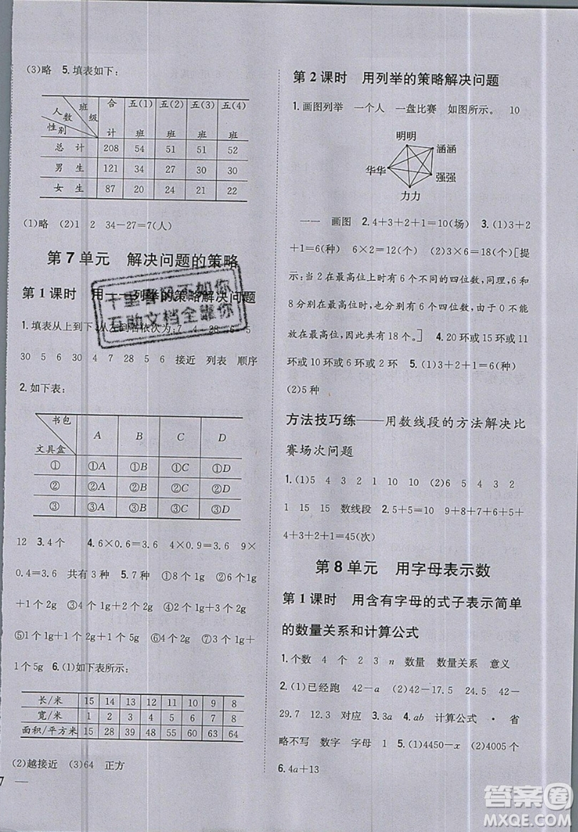 吉林人民出版社2019小學題幫數學五年級上冊新課標江蘇版參考答案