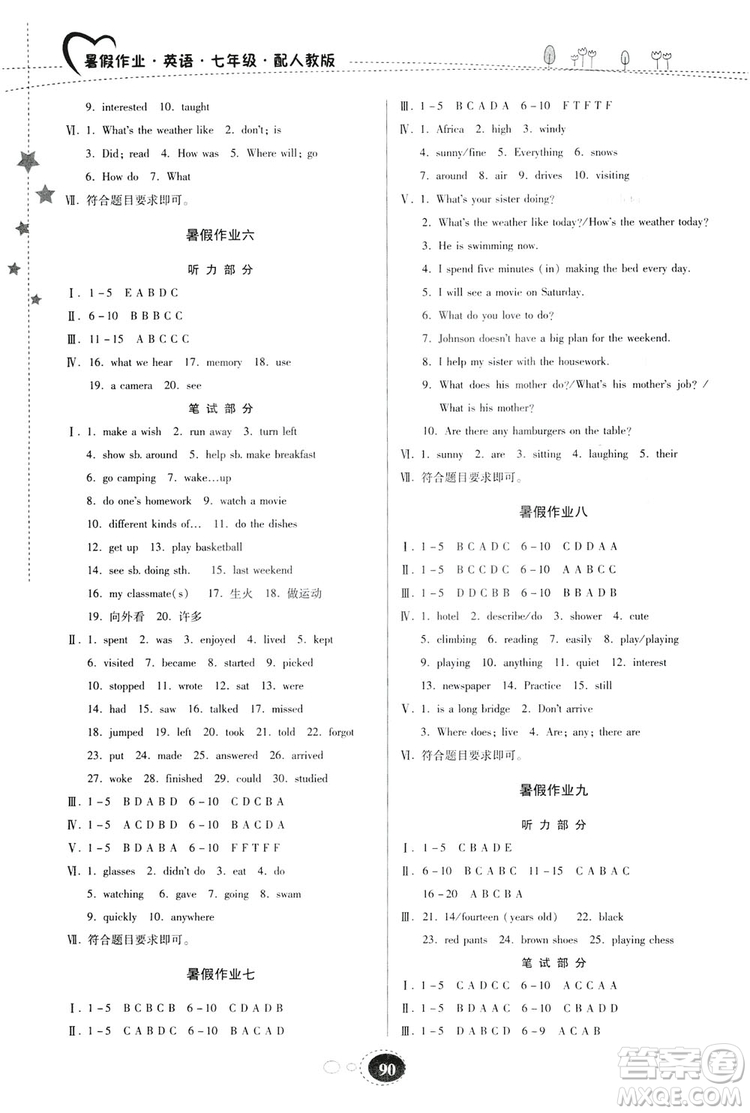 貴州人民出版社2019暑假作業(yè)七年級(jí)英語(yǔ)人教版答案