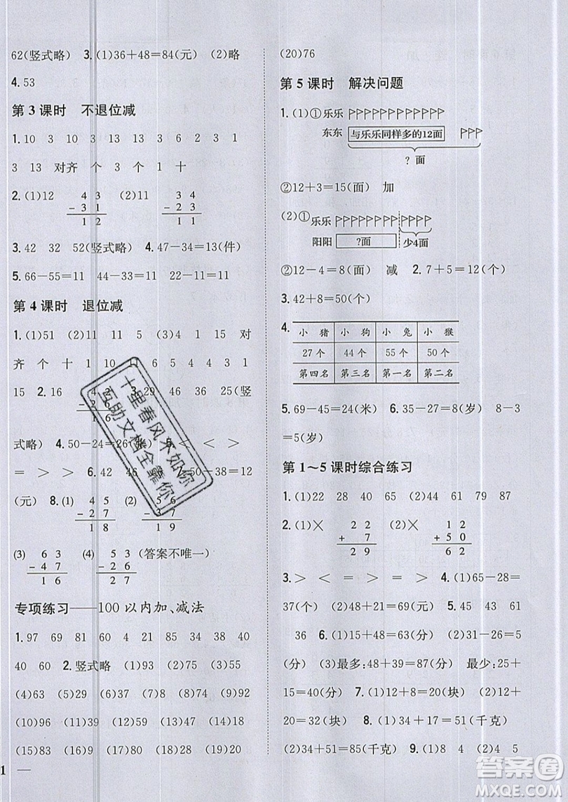 吉林人民出版社2019小學(xué)題幫數(shù)學(xué)二年級上冊新課標(biāo)人教版參考答案