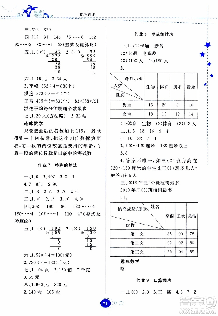 貴州人民出版社2019年暑假作業(yè)數(shù)學(xué)三年級人教版參考答案