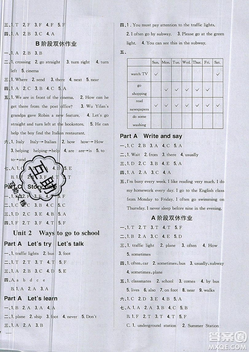 吉林人民出版社2019小學(xué)題幫英語六年級(jí)上冊(cè)新課標(biāo)人教PEP版參考答案