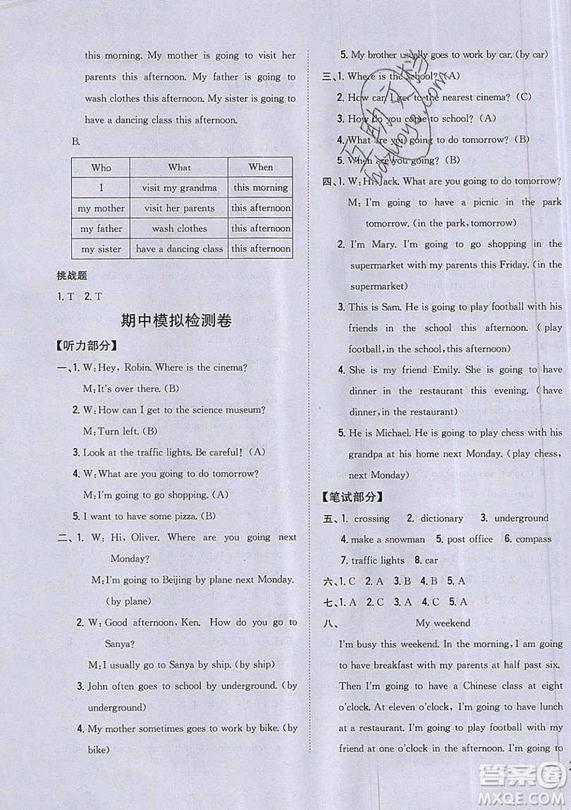 吉林人民出版社2019小學(xué)題幫英語六年級(jí)上冊(cè)新課標(biāo)人教PEP版參考答案