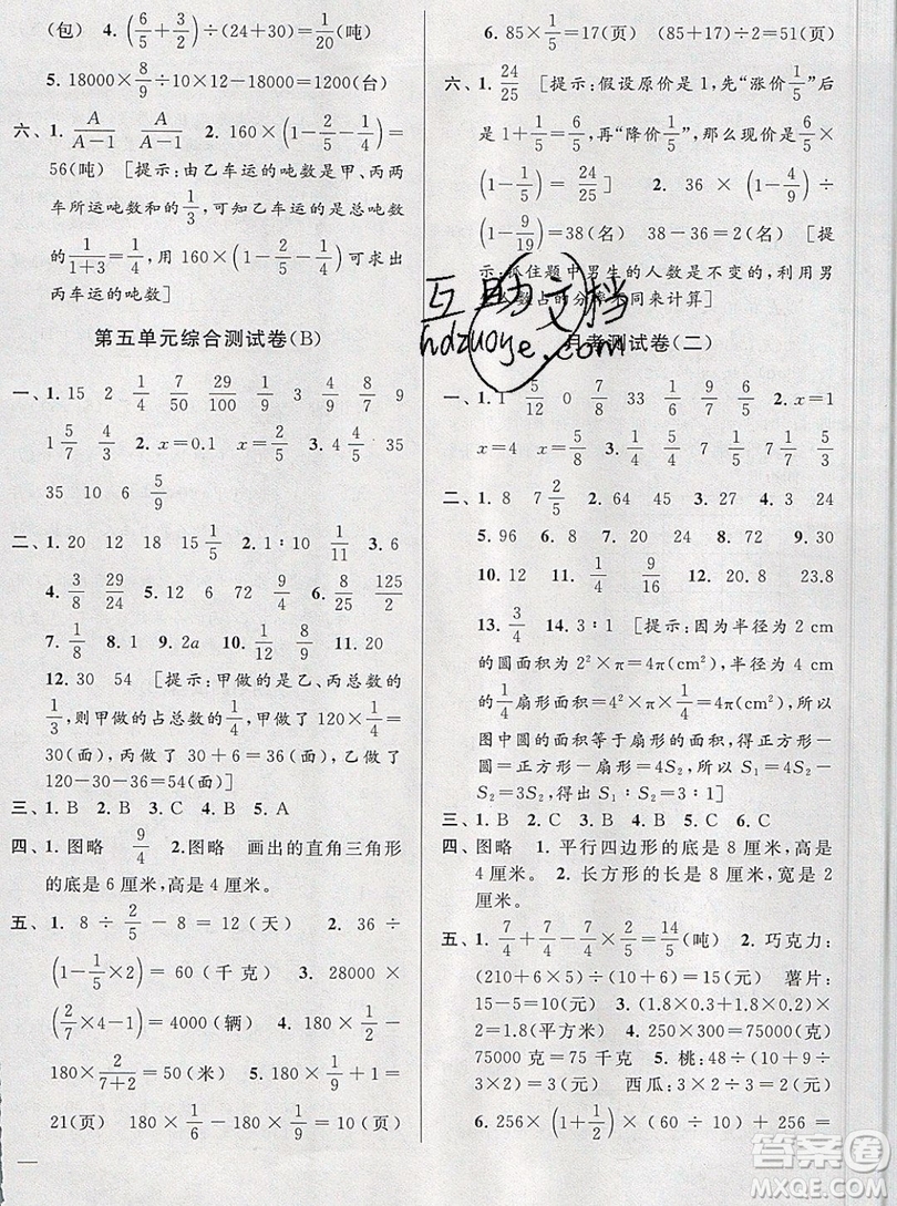 2019新版亮點(diǎn)給力大試卷六年級上冊數(shù)學(xué)蘇教版答案