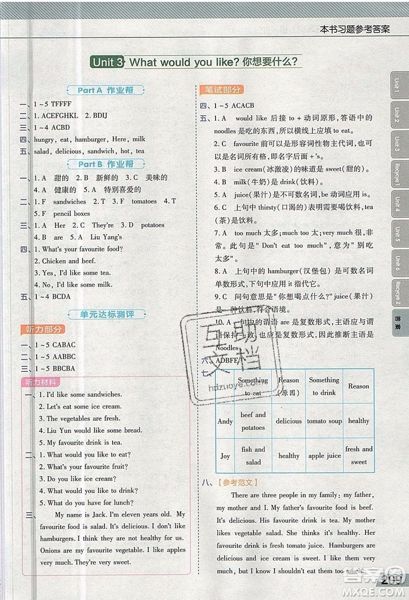 天星教育2019教材幫小學英語五年級上冊人教RP版參考答案