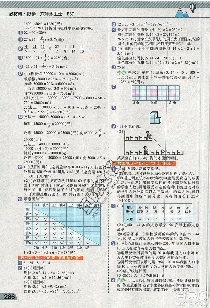 天星教育2019教材幫小學(xué)數(shù)學(xué)六年級(jí)上冊(cè)BSD北師大版參考答案