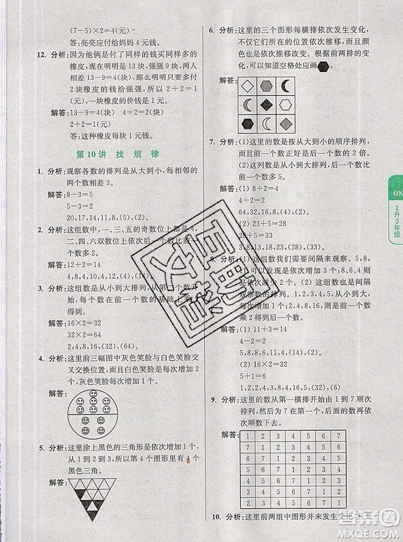 2019新版小學奧數暑假拔高銜接15講2升3年級數學人教版答案