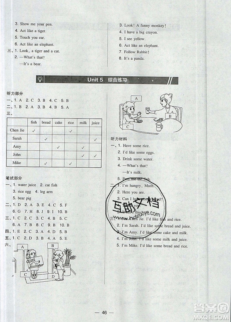 2019北大綠卡課時同步訓練三年級上冊英語人教PEP版參考答案