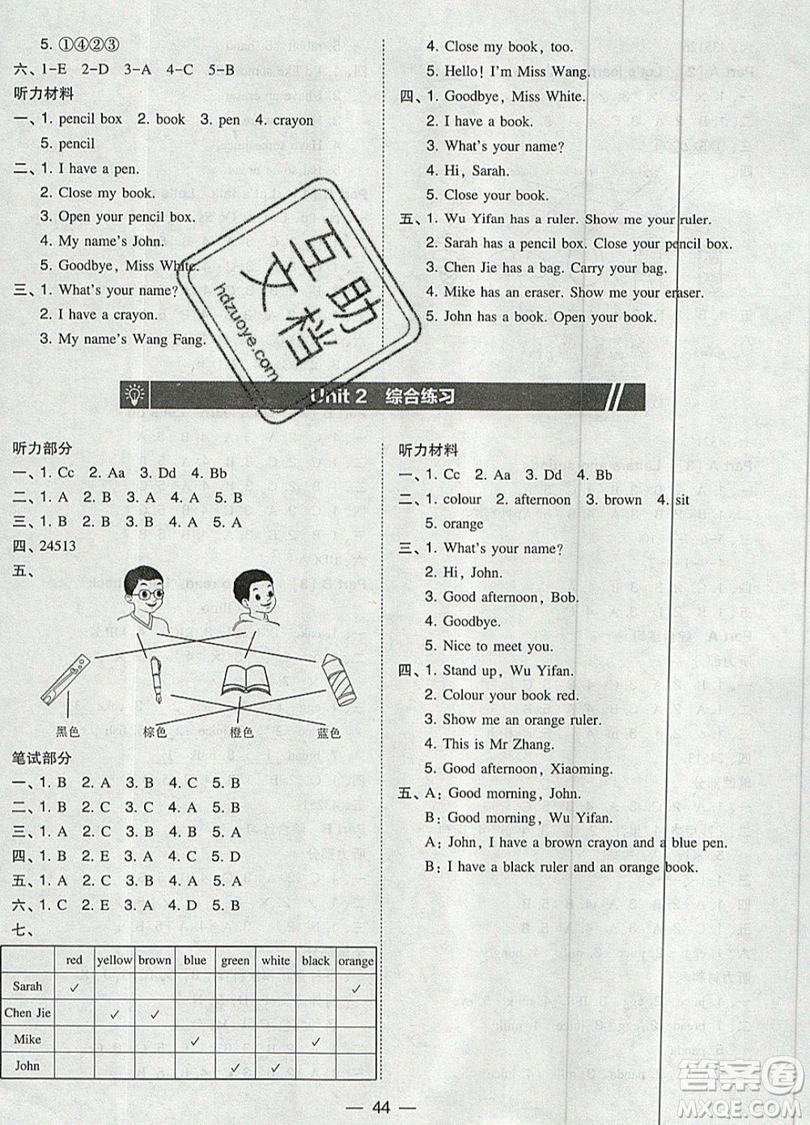 2019北大綠卡課時同步訓練三年級上冊英語人教PEP版參考答案