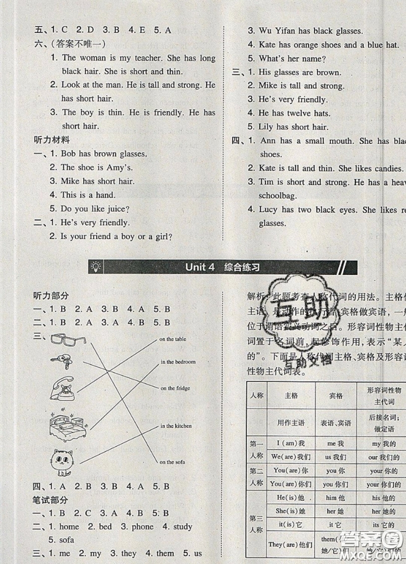 2019北大綠卡課時同步訓(xùn)練四年級上冊英語人教PEP版參考答案