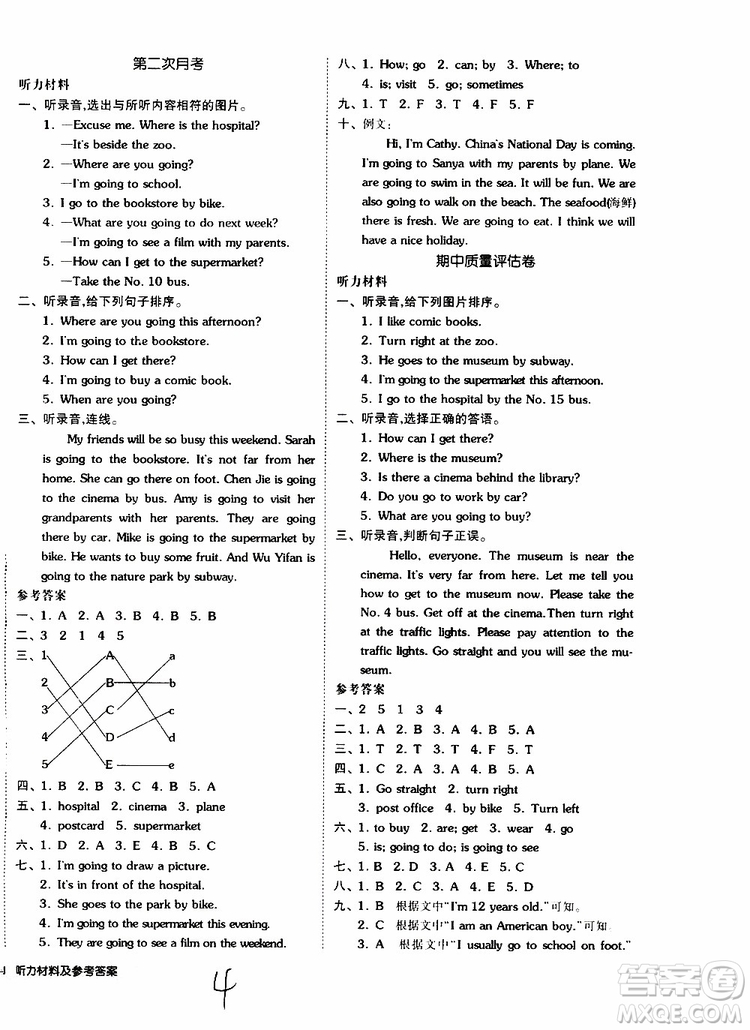 2019年全品小復(fù)習(xí)小學(xué)英語六年級上冊人教版RJ參考答案