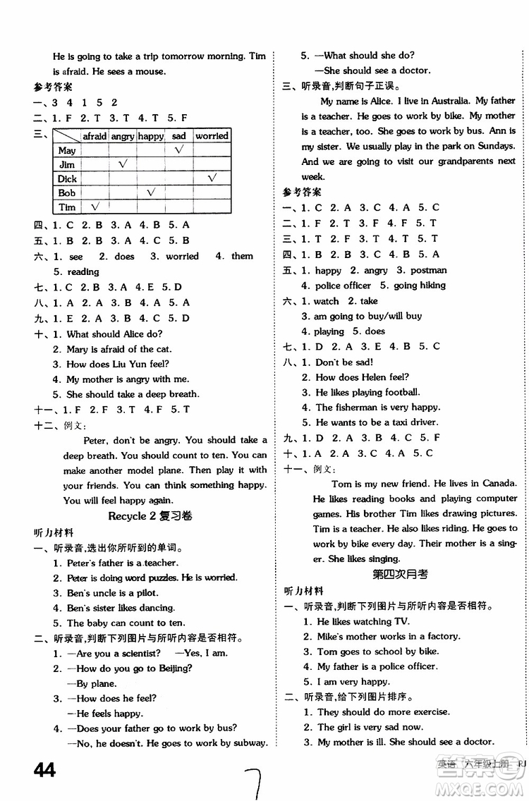 2019年全品小復(fù)習(xí)小學(xué)英語六年級上冊人教版RJ參考答案