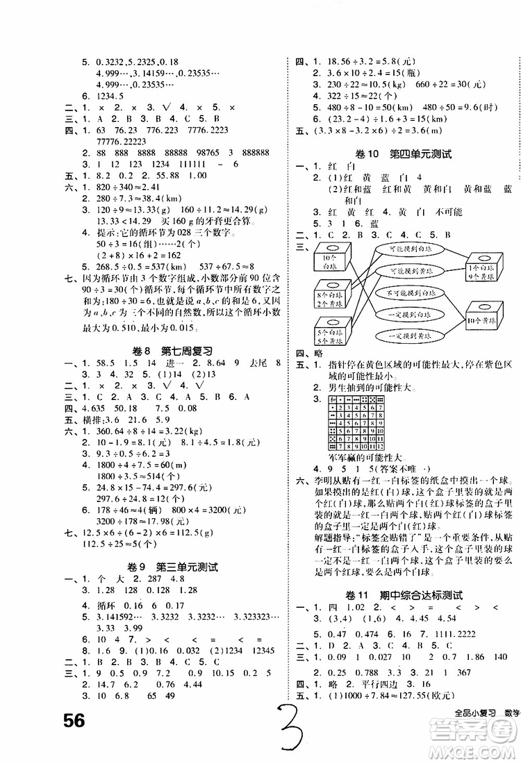 2019年全品小復(fù)習(xí)小學(xué)數(shù)學(xué)五年級上冊人教版RJ參考答案
