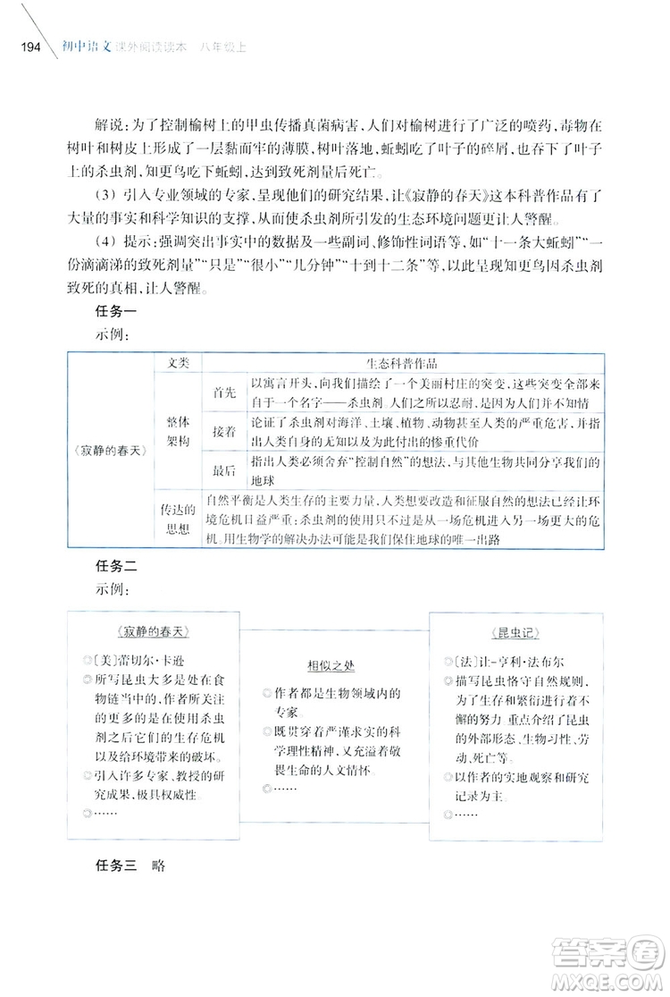 浙江教育出版社2019初中語文課外閱讀讀本八年級上冊答案