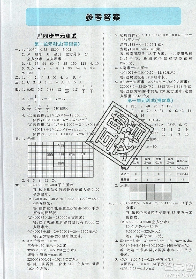 西安出版社小兒郎2019曲一線53全優(yōu)卷小學(xué)數(shù)學(xué)六年級上冊蘇教SJ版參考答案