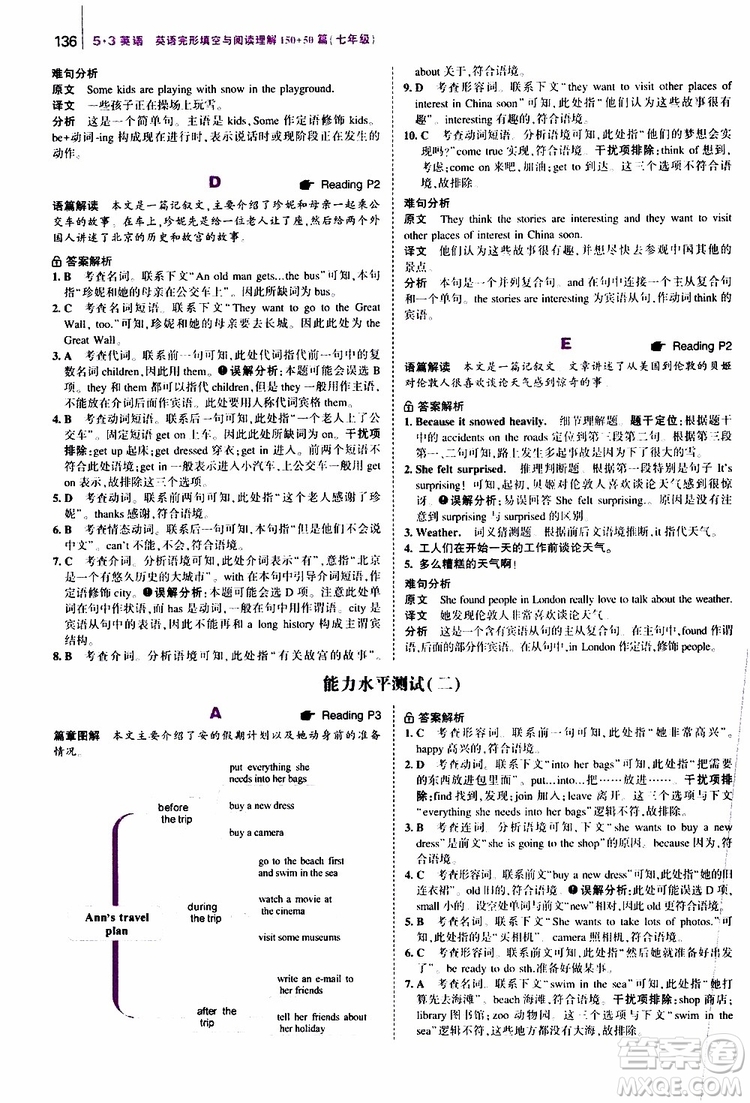 曲一線2020版53英語(yǔ)七年級(jí)通用版英語(yǔ)完形填空與閱讀理解150+50篇參考答案