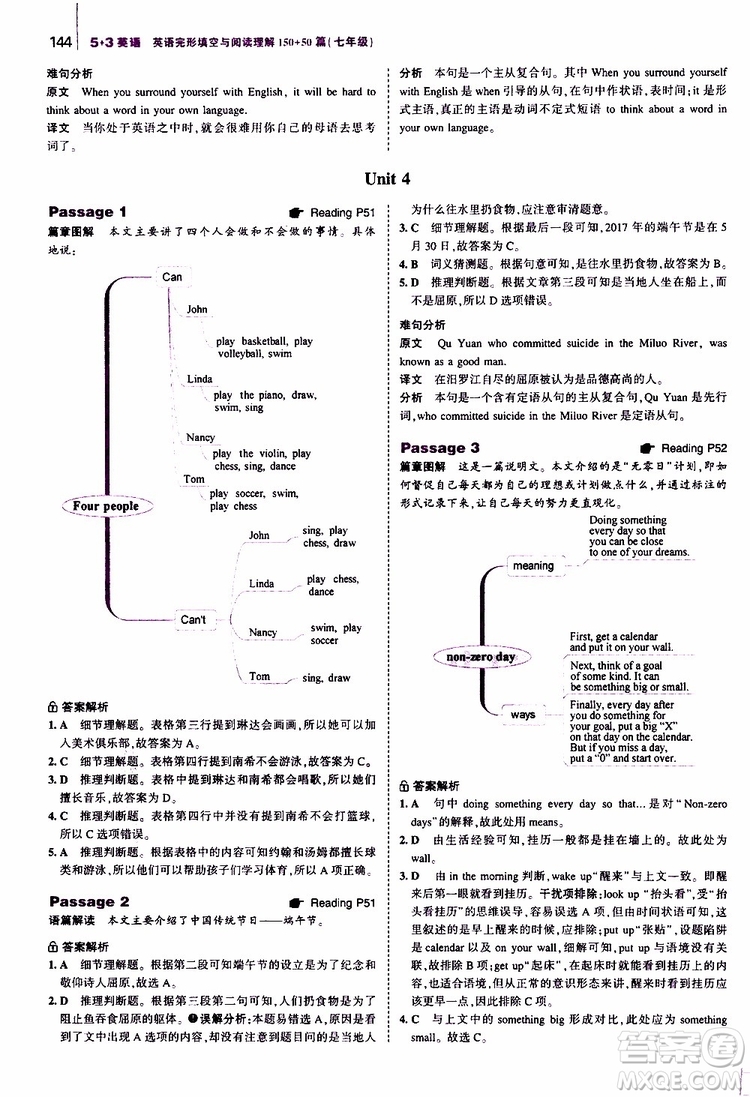曲一線2020版53英語(yǔ)七年級(jí)通用版英語(yǔ)完形填空與閱讀理解150+50篇參考答案