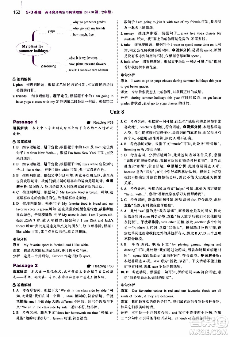 曲一線2020版53英語(yǔ)七年級(jí)通用版英語(yǔ)完形填空與閱讀理解150+50篇參考答案