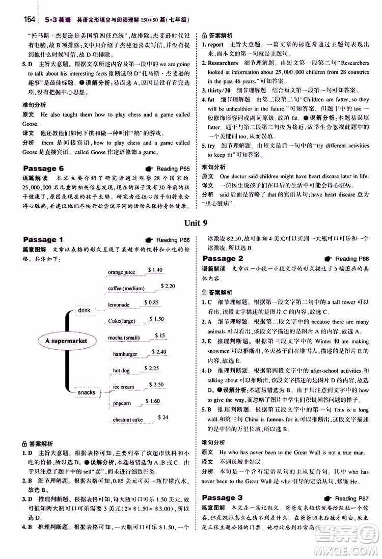 曲一線2020版53英語(yǔ)七年級(jí)通用版英語(yǔ)完形填空與閱讀理解150+50篇參考答案