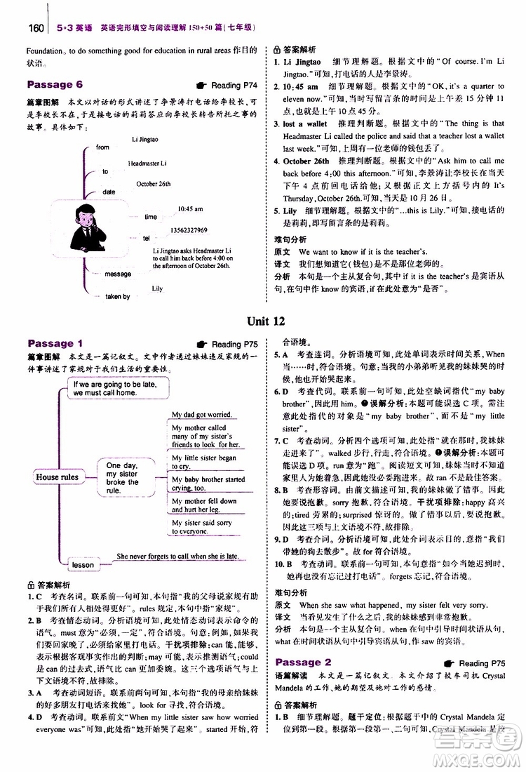 曲一線2020版53英語(yǔ)七年級(jí)通用版英語(yǔ)完形填空與閱讀理解150+50篇參考答案