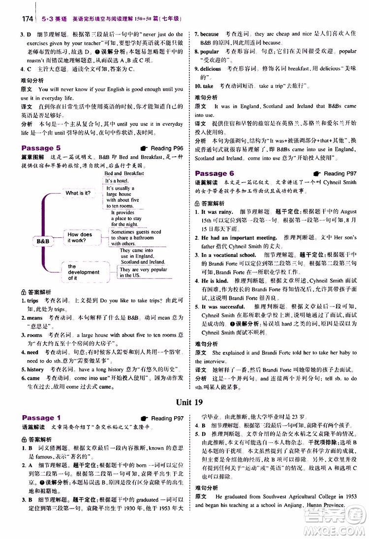 曲一線2020版53英語(yǔ)七年級(jí)通用版英語(yǔ)完形填空與閱讀理解150+50篇參考答案