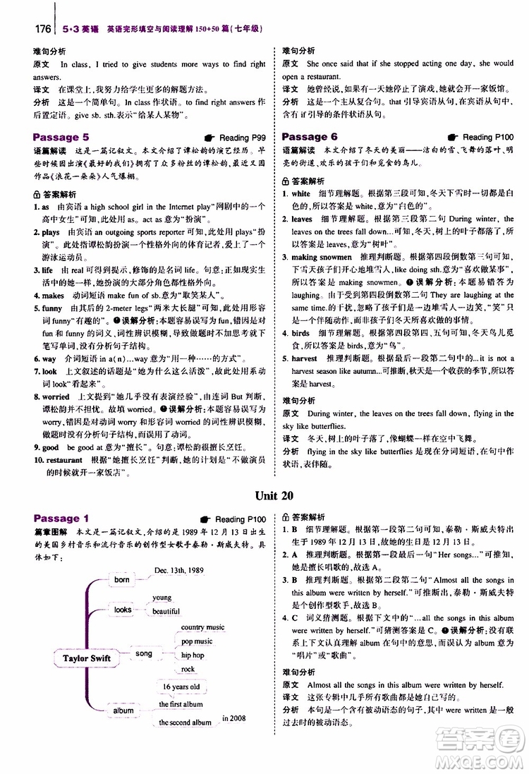 曲一線2020版53英語(yǔ)七年級(jí)通用版英語(yǔ)完形填空與閱讀理解150+50篇參考答案