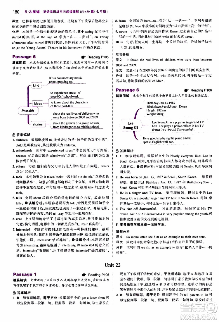 曲一線2020版53英語(yǔ)七年級(jí)通用版英語(yǔ)完形填空與閱讀理解150+50篇參考答案