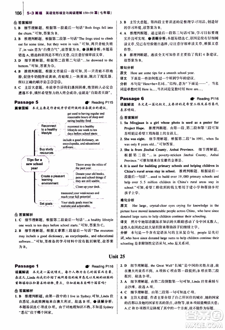 曲一線2020版53英語(yǔ)七年級(jí)通用版英語(yǔ)完形填空與閱讀理解150+50篇參考答案