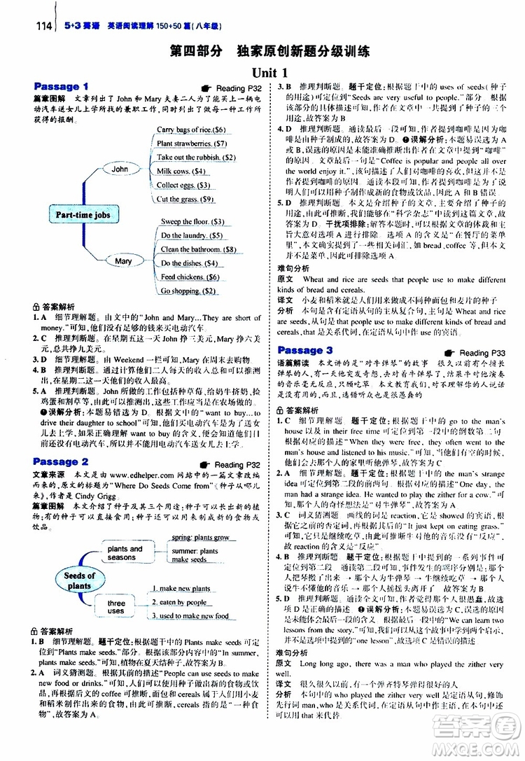 曲一線2020版53英語150加50篇英語閱讀理解八年級通用版參考答案