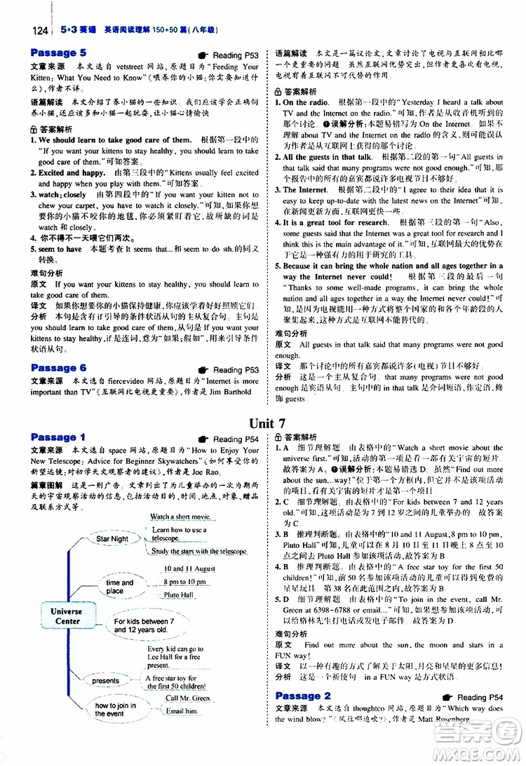 曲一線2020版53英語150加50篇英語閱讀理解八年級通用版參考答案