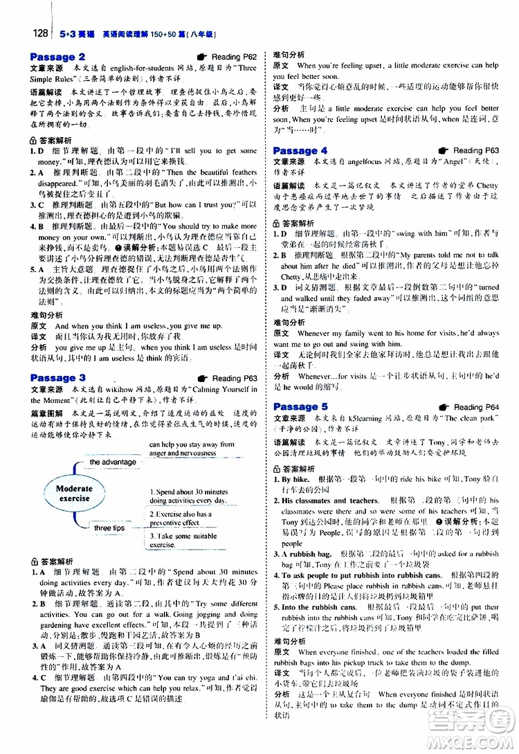 曲一線2020版53英語150加50篇英語閱讀理解八年級通用版參考答案
