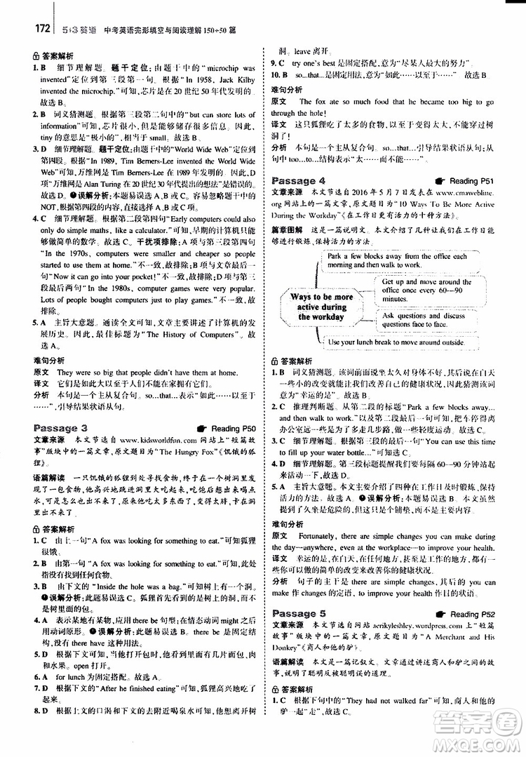 曲一線2020版53英語(yǔ)中考英語(yǔ)完形填空與閱讀理解150+50篇通用版參考答案
