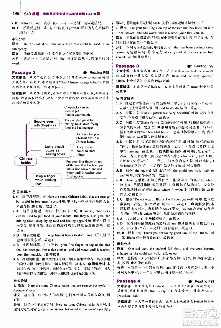 曲一線2020版53英語(yǔ)中考英語(yǔ)完形填空與閱讀理解150+50篇通用版參考答案
