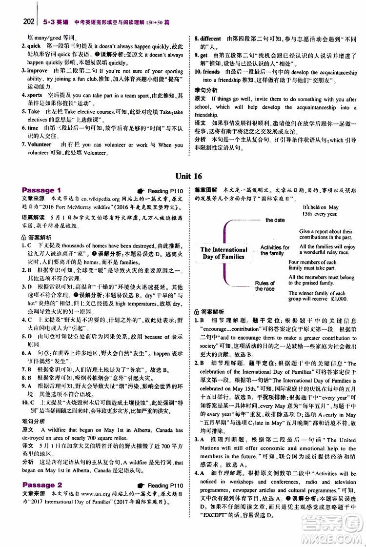 曲一線2020版53英語(yǔ)中考英語(yǔ)完形填空與閱讀理解150+50篇通用版參考答案