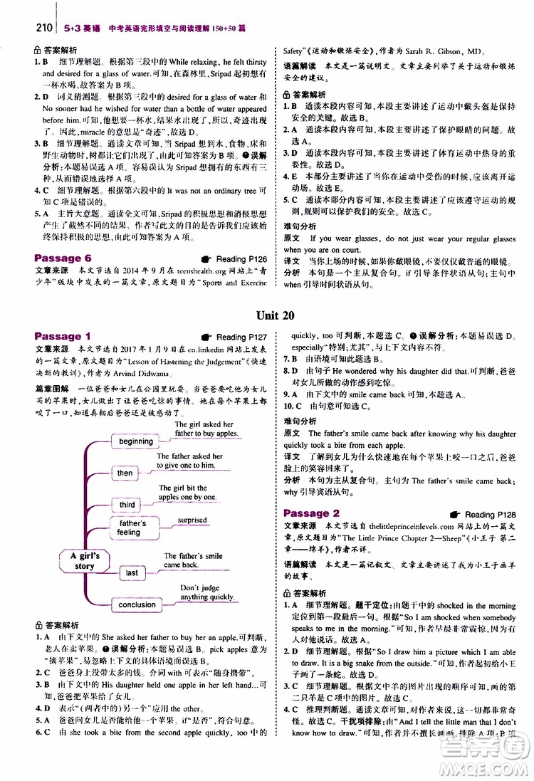 曲一線2020版53英語(yǔ)中考英語(yǔ)完形填空與閱讀理解150+50篇通用版參考答案