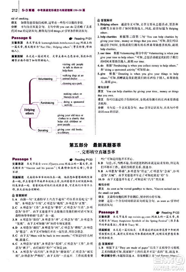 曲一線2020版53英語(yǔ)中考英語(yǔ)完形填空與閱讀理解150+50篇通用版參考答案
