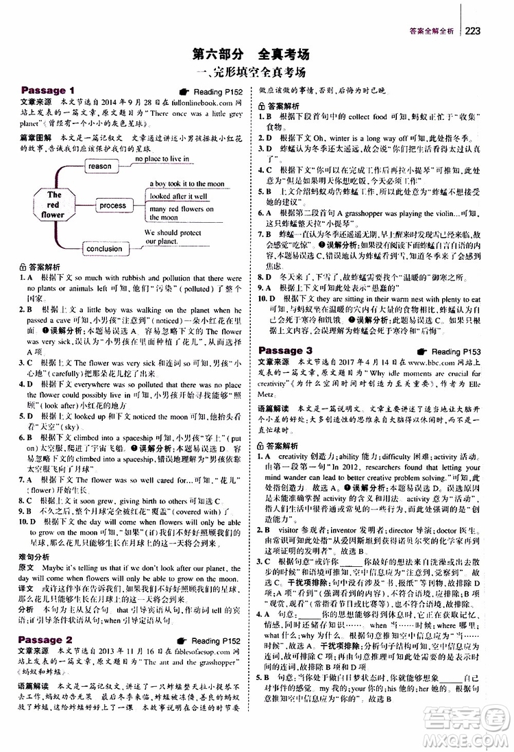 曲一線2020版53英語(yǔ)中考英語(yǔ)完形填空與閱讀理解150+50篇通用版參考答案