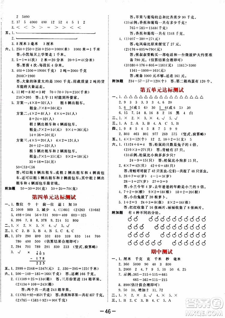 小兒郎2019秋53天天練三年級數(shù)學(xué)上冊RJ人教版參考答案