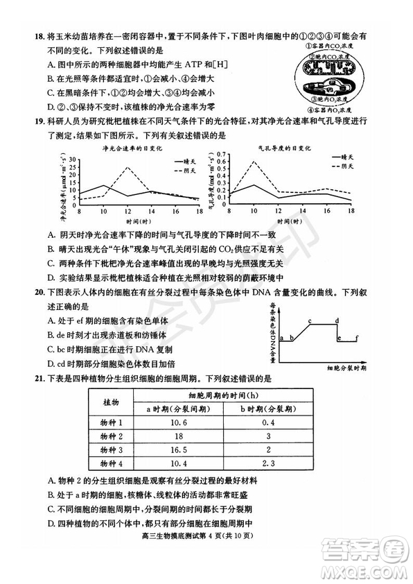 成都市2017級高中畢業(yè)班摸底測試生物試題及答案