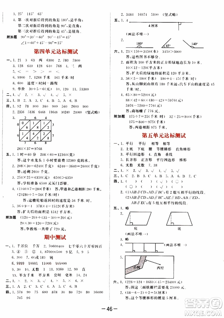 小兒郎2019秋新版53天天練數(shù)學四年級上冊人教版RJ參考答案