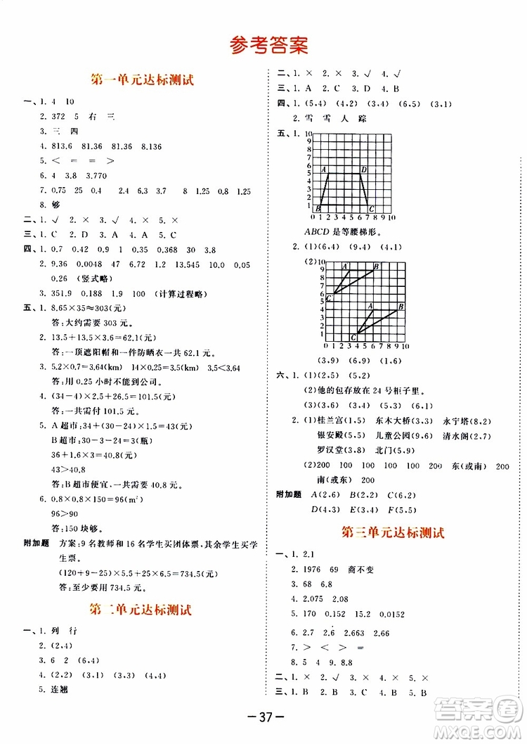 2019秋小兒郎53天天練五年級數(shù)學(xué)上冊RJ人教版參考答案