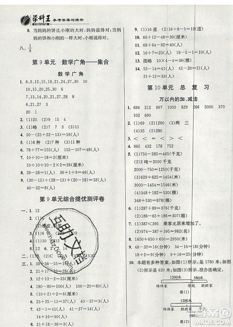 江蘇人民出版社春雨教育2019秋實驗班提優(yōu)訓練三年級數學上冊RMJY人教版參考答案