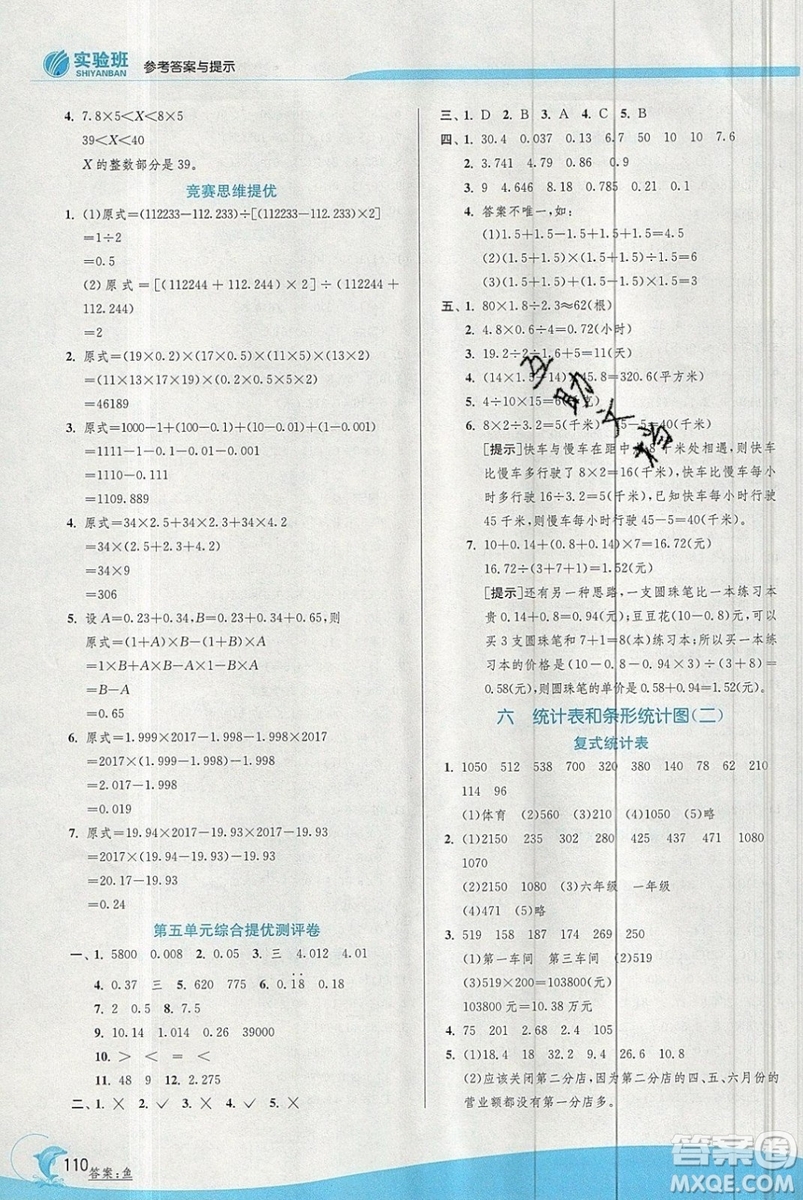 江蘇人民出版社春雨教育2019秋實(shí)驗(yàn)班提優(yōu)訓(xùn)練五年級(jí)數(shù)學(xué)上冊(cè)JSJY蘇教版參考答案
