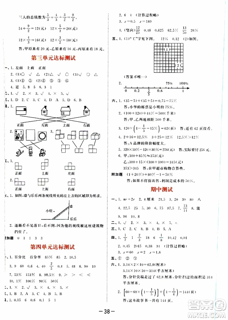 小兒郎2019年53天天練小學數(shù)學六年級上冊BSD北師大版參考答案