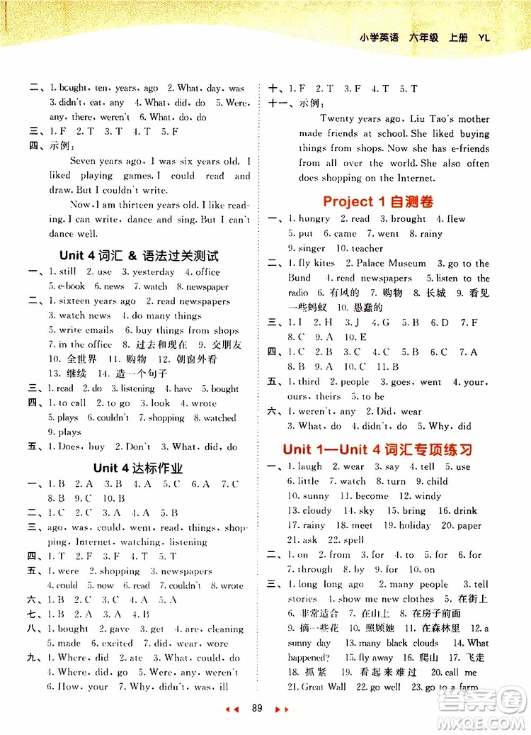 小兒郎2019年53天天練小學(xué)英語六年級上冊YL譯林版參考答案