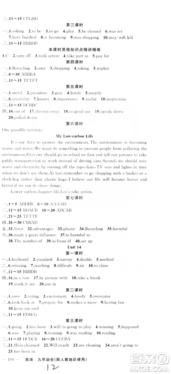 云南美術(shù)出版社2019年學(xué)生課程精巧訓(xùn)練九年級英語全一冊人教版答案