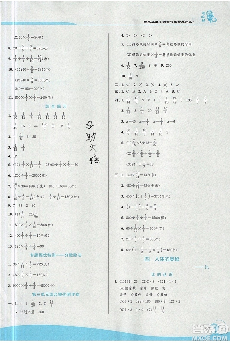 江蘇人民出版社春雨教育2019秋實(shí)驗(yàn)班提優(yōu)訓(xùn)練六年級(jí)數(shù)學(xué)上冊(cè)QD青島版參考答案