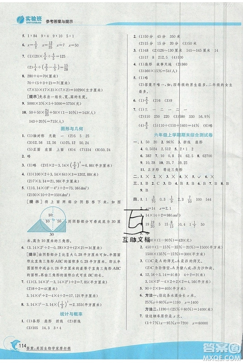 江蘇人民出版社春雨教育2019秋實驗班提優(yōu)訓練六年級數(shù)學上冊BSD北師大版參考答案